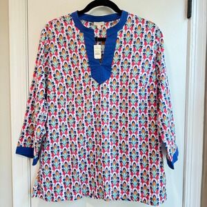 Talbots Tunic Top Colorful Print 3/4 Sleeve Cotton‎ Casual Blouse M, NWT